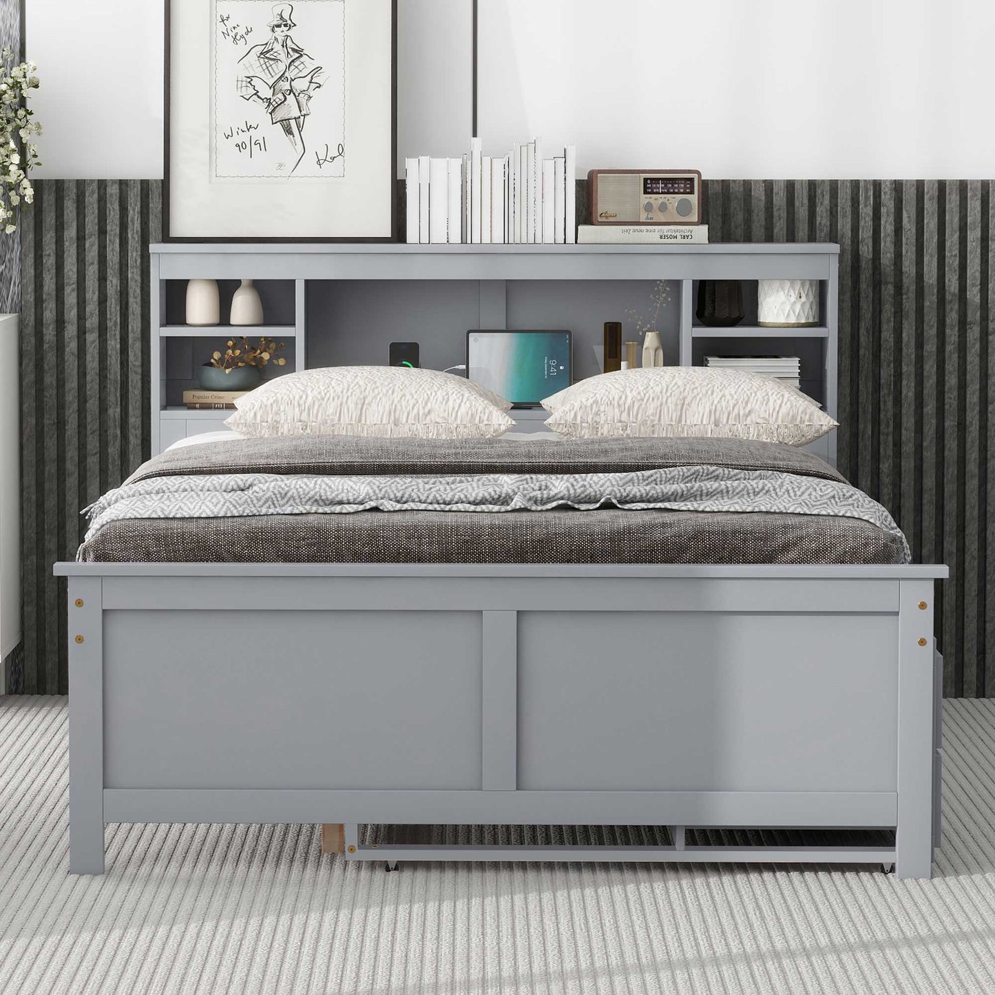 Platform bed with storage headboard in light gray by HouseOfZazla on Tampa Home & Garden Store