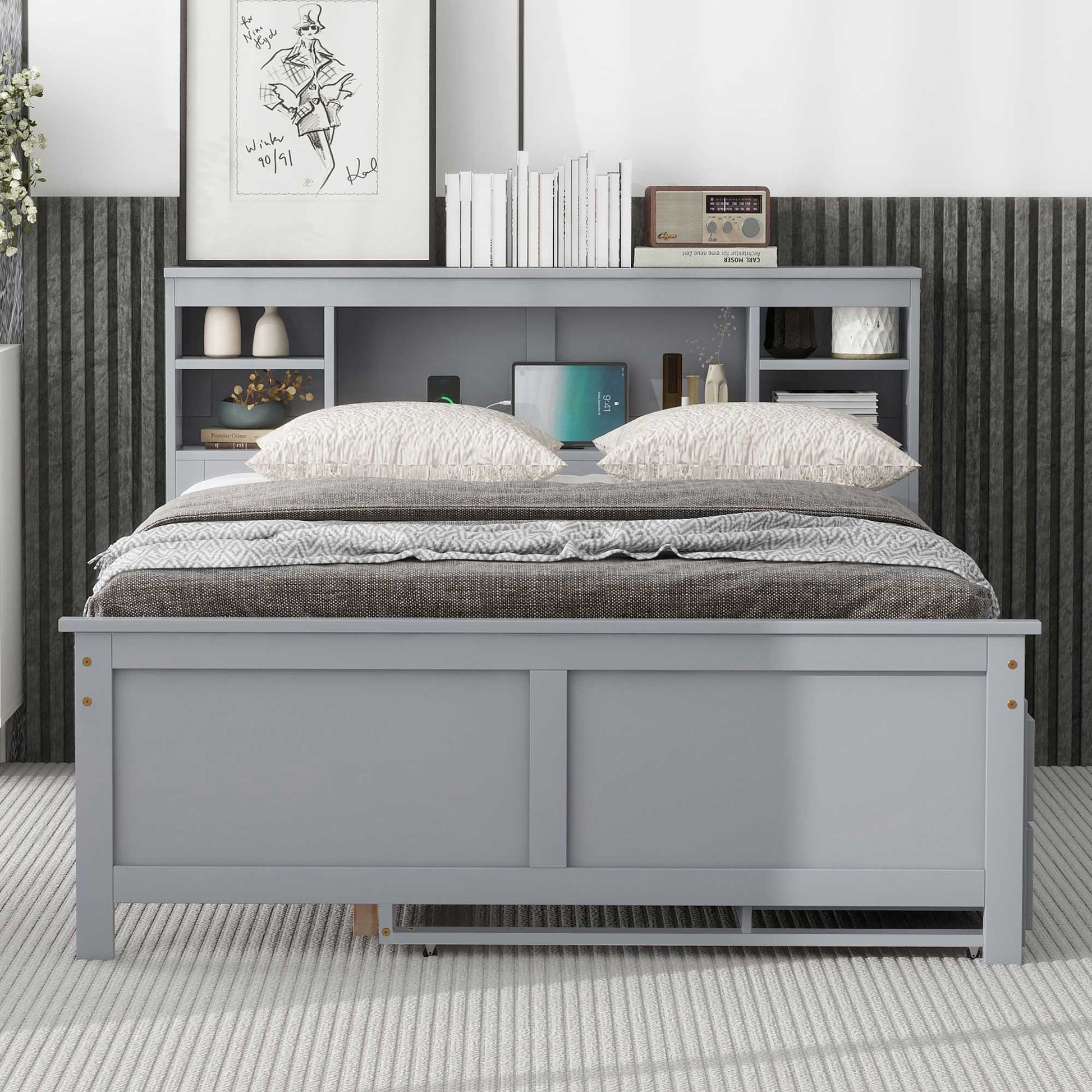 Platform bed with storage headboard in light gray by HouseOfZazla on Tampa Home & Garden Store