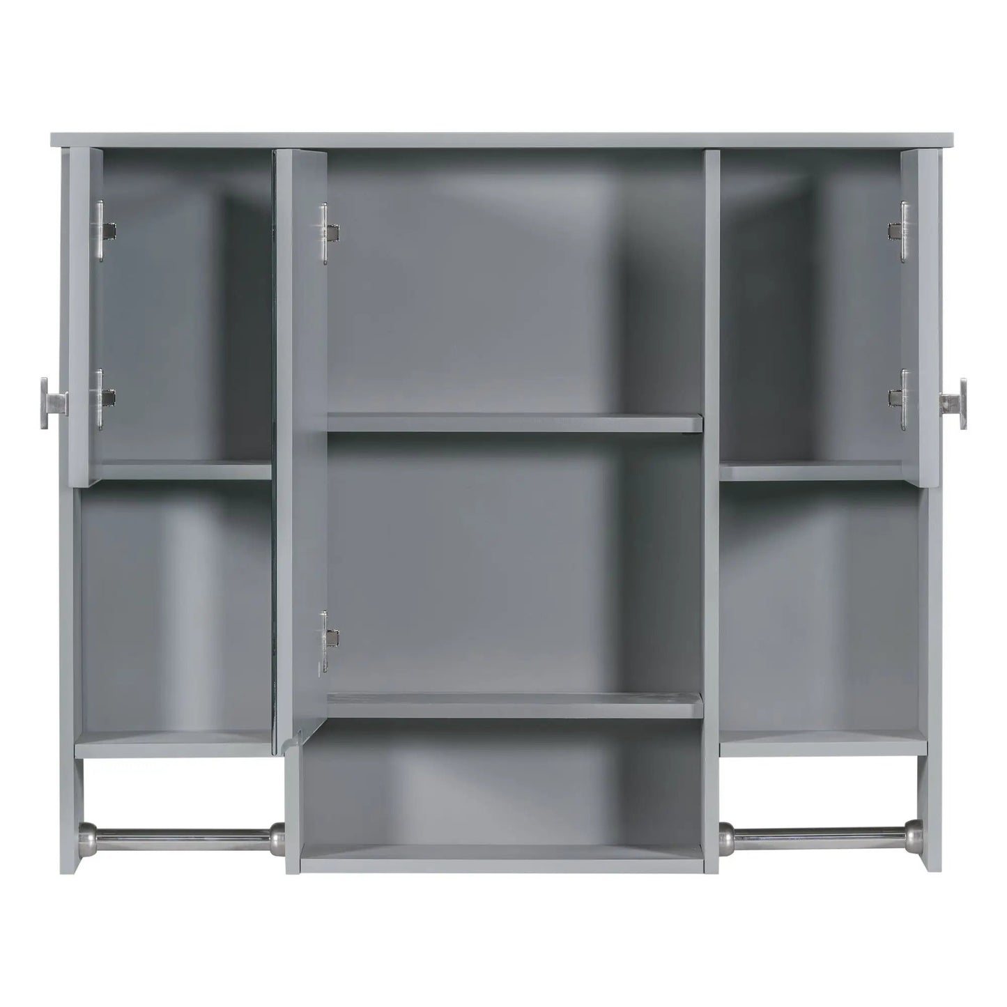 Wall mounted medicine cabinet with mirror in gray finish, opens to reveal interior shelves and towel bar on Tampa Home & Garden Store