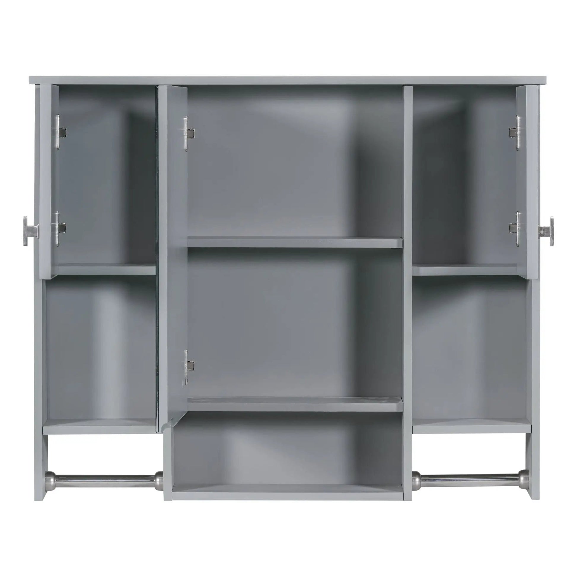 Wall mounted medicine cabinet with mirror in gray finish, opens to reveal interior shelves and towel bar on Tampa Home & Garden Store