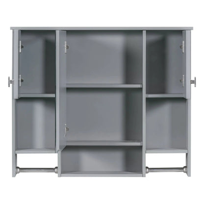 Wall mounted medicine cabinet with mirror in gray finish, opens to reveal interior shelves and towel bar on Tampa Home & Garden Store