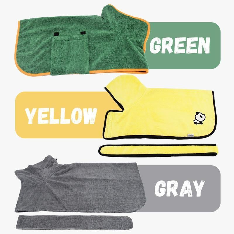 Pet Zen absorbent pet bathrobe set in green, yellow, and gray microfiber with waist wrap (3 pieces) on Tampa Home & Garden Store