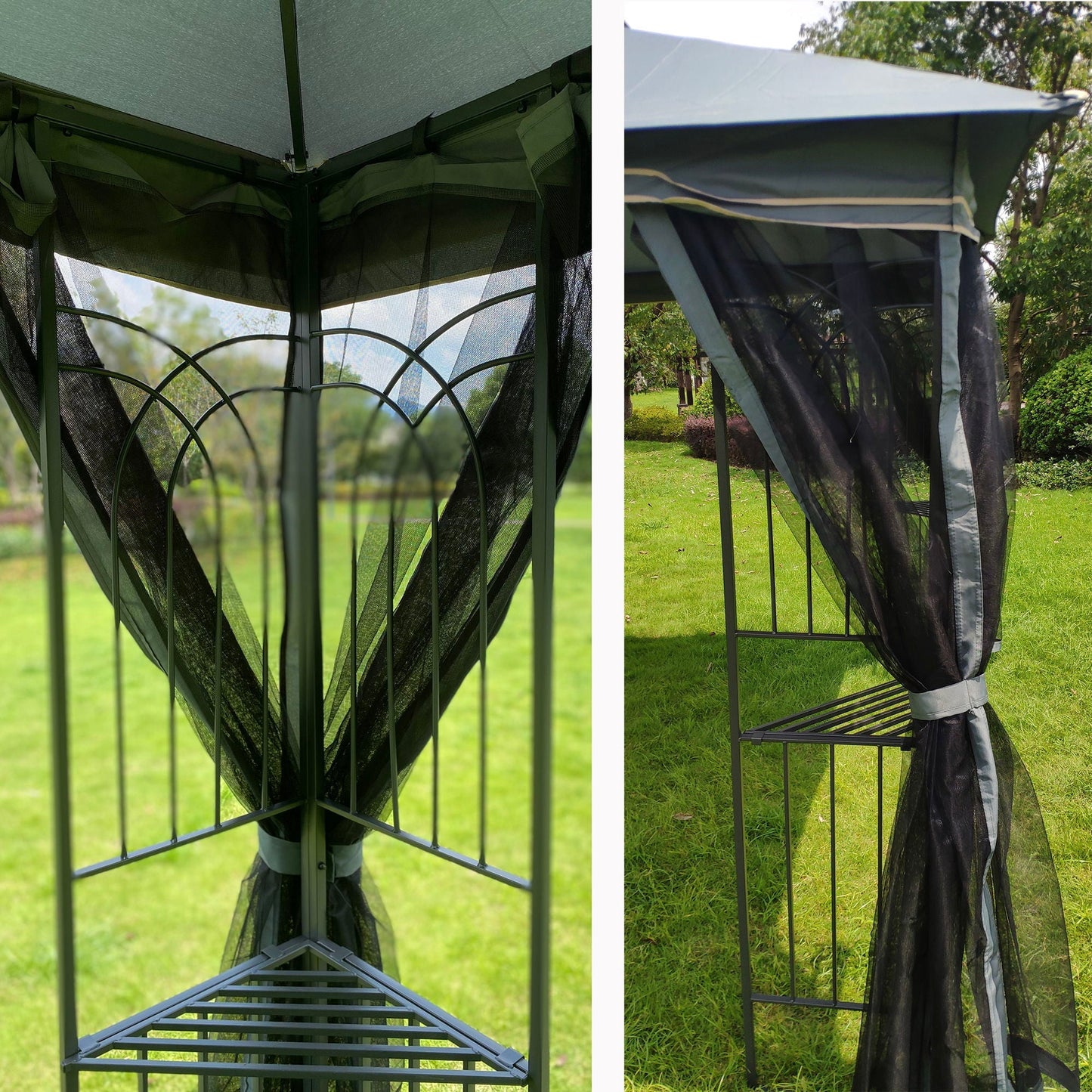 Patio gazebo tent with ventilated double roof and mosquito net, green mesh curtains, metal frame on Tampa Home & Garden Store