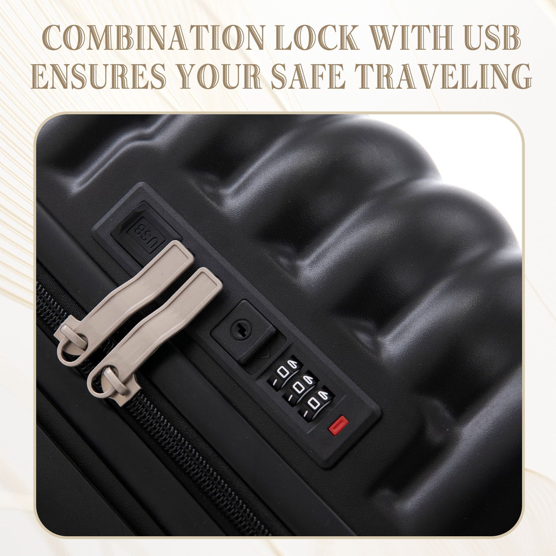 Carry-on spinner luggage close-up, black case with beige zipper pulls and a combo lock on Tampa Home & Garden Store