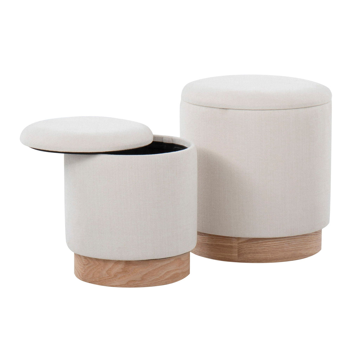 2-piece nesting ottoman set with cushioned beige fabric tops and wood bases on Tampa Home & Garden Store