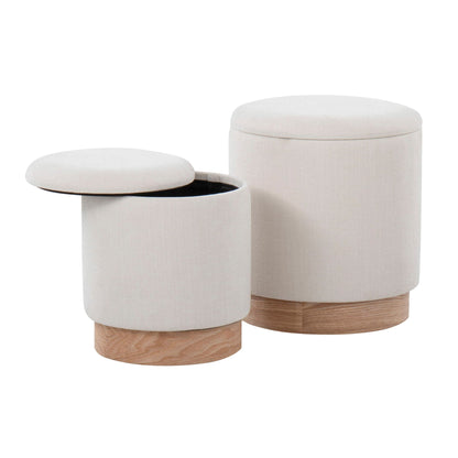 2-piece nesting ottoman set with cushioned beige fabric tops and wood bases on Tampa Home & Garden Store