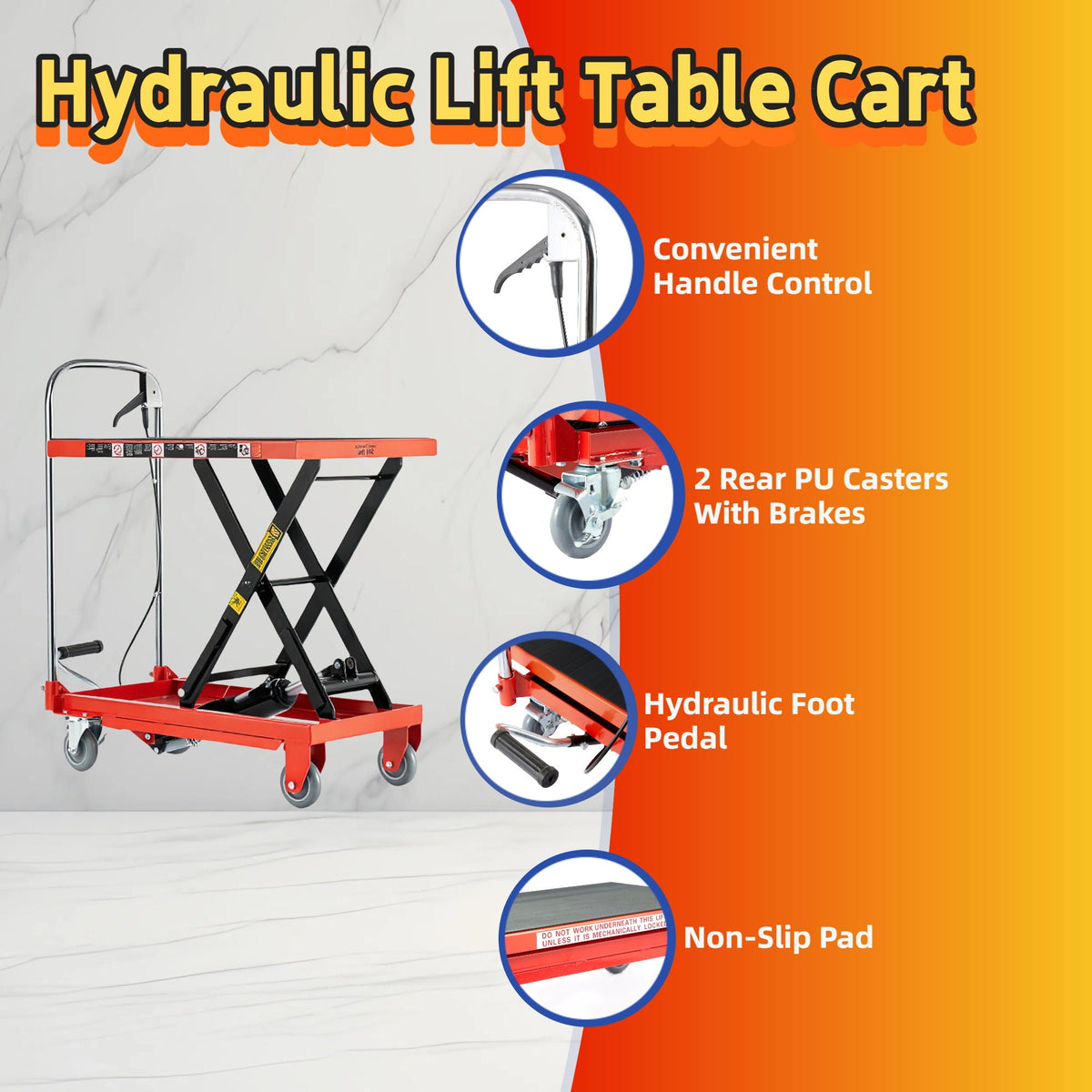 Hydraulic lift table cart red and black with scissor legs, wheels and non-slip pads on Tampa Home & Garden Store