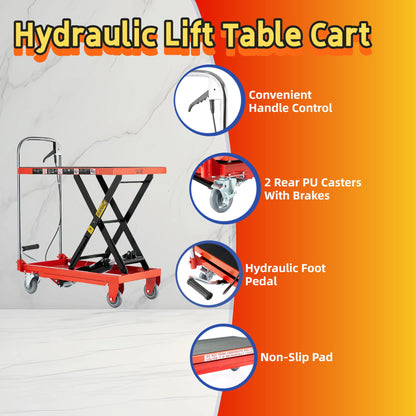 Hydraulic lift table cart red and black with scissor legs, wheels and non-slip pads on Tampa Home & Garden Store