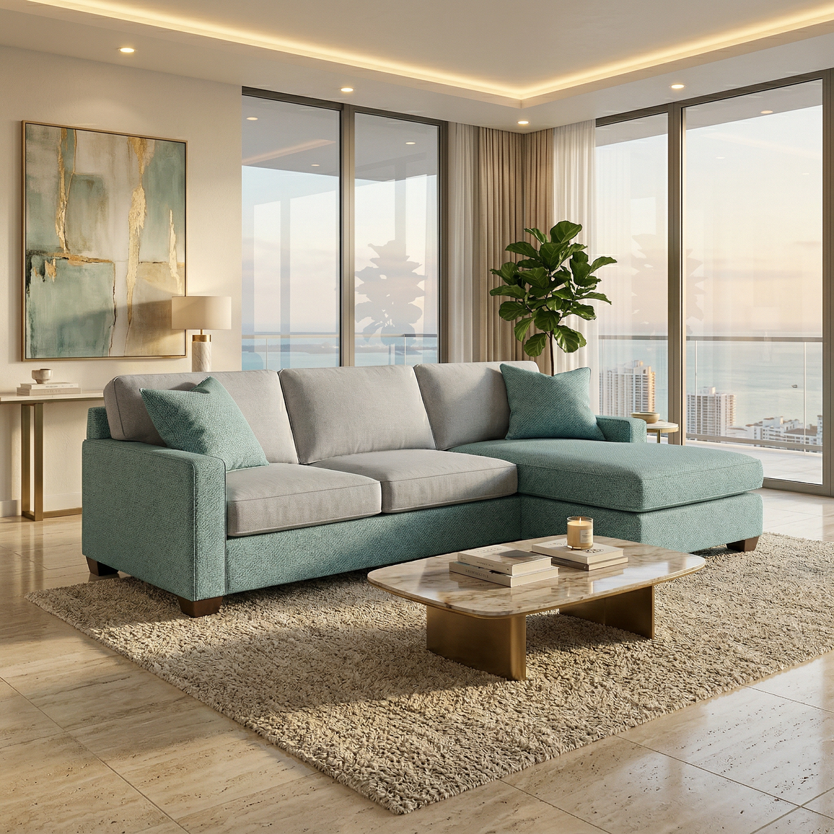 Clifford Sectional Sofa by HouseOfZazla in teal textured fabric made in USA on Tampa Home & Garden Store
