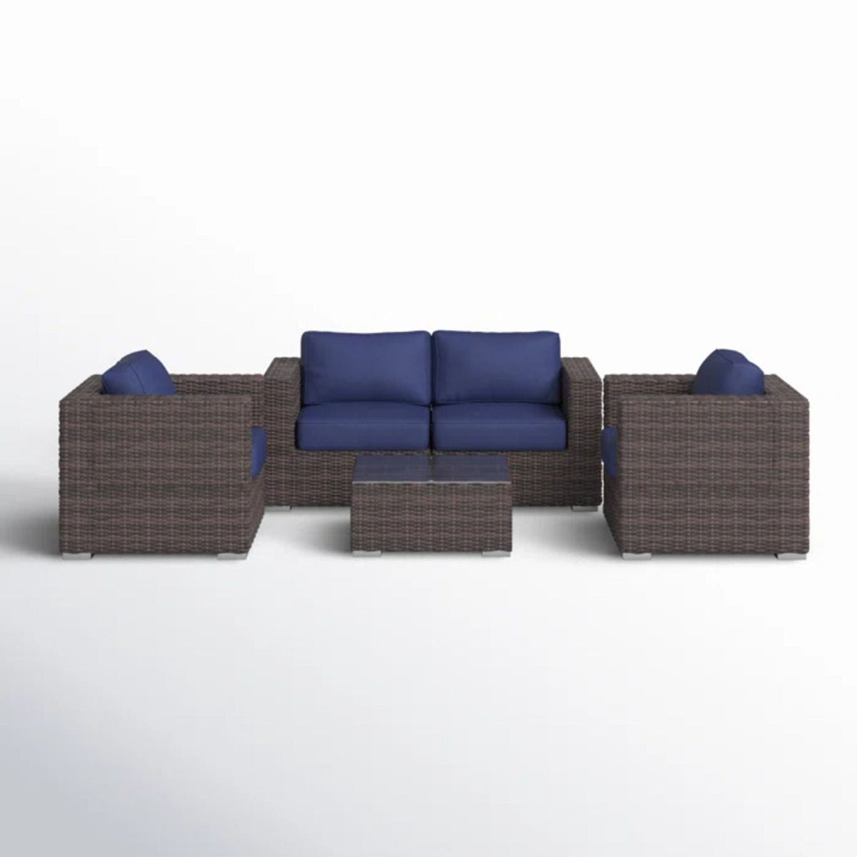 3-piece wicker outdoor seating set with blue cushions and coffee table HouseOfZazla on Tampa Home & Garden Store