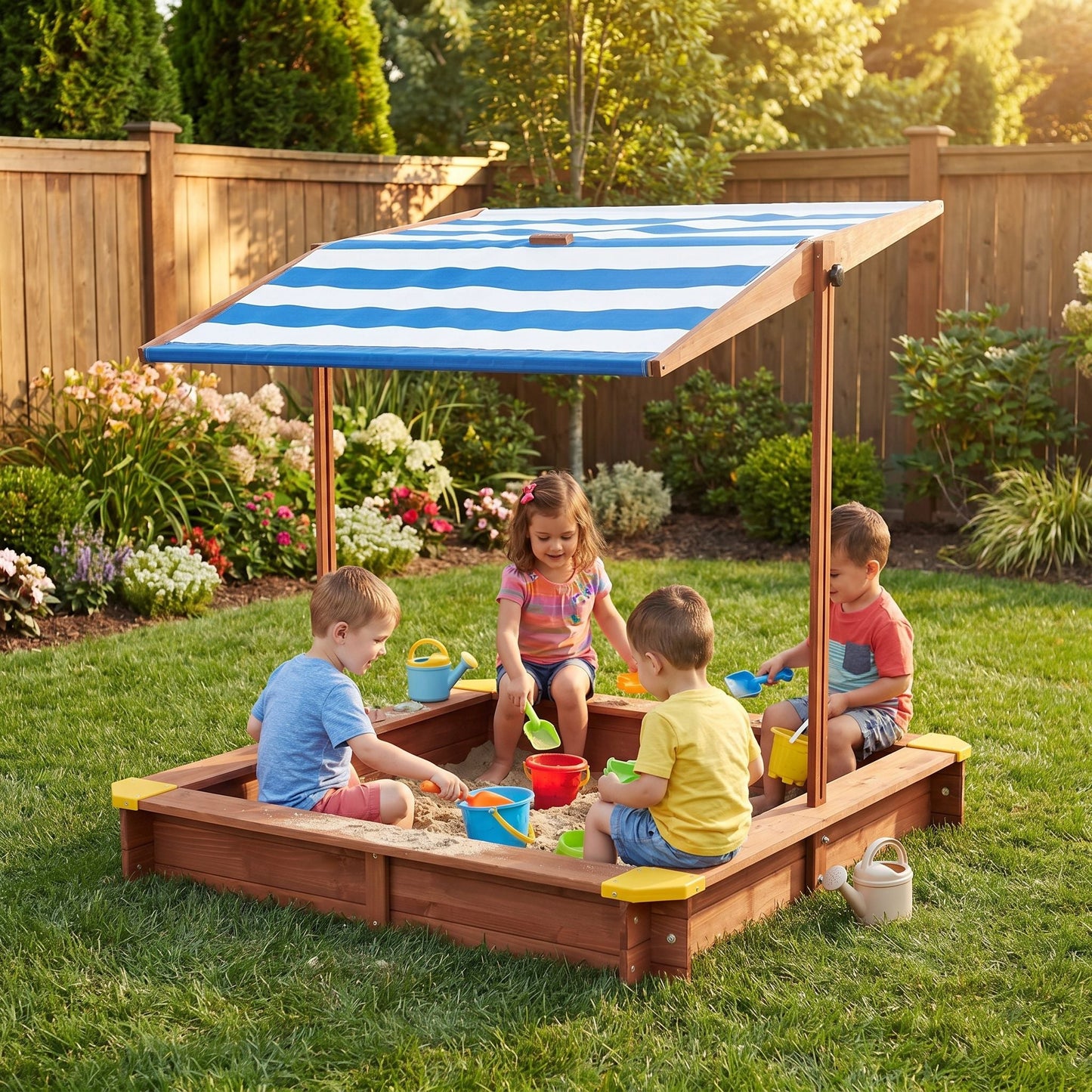 Large Outdoor Wooden Sandbox With Canopy