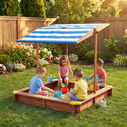Large Outdoor Wooden Sandbox With Canopy