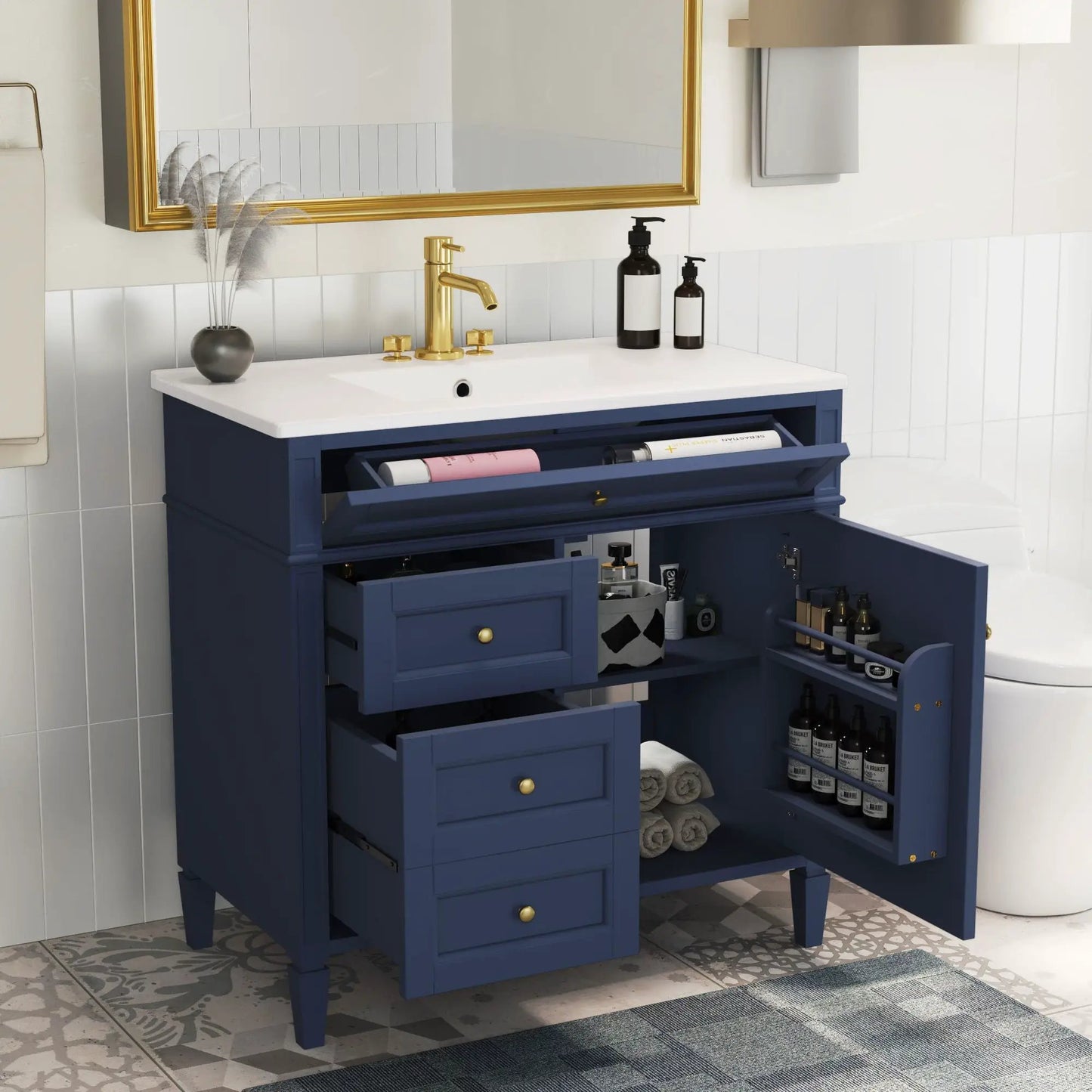 Blue Bathroom Vanity With Top Sink and Storage