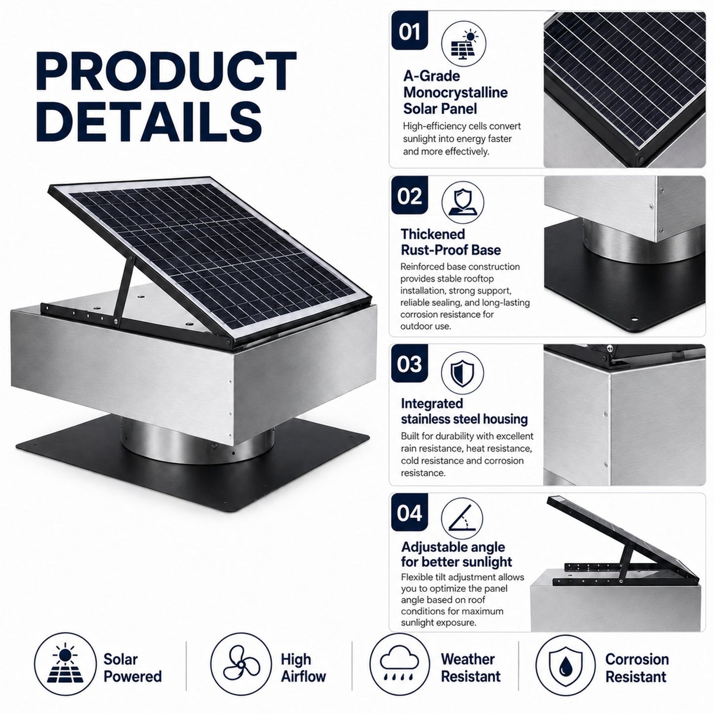 12in Stainless Steel Solar Roof Vent Fan by HouseOfZazla with tilt-adjustable 40W solar panel on Tampa Home & Garden Store