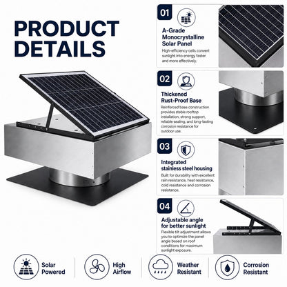 12in Stainless Steel Solar Roof Vent Fan by HouseOfZazla with tilt-adjustable 40W solar panel on Tampa Home & Garden Store