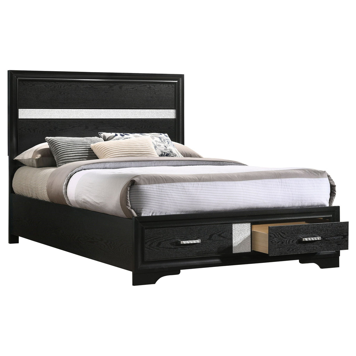 Urbana storage panel bed in black wood with built-in under-bed drawers on Tampa Home & Garden Store