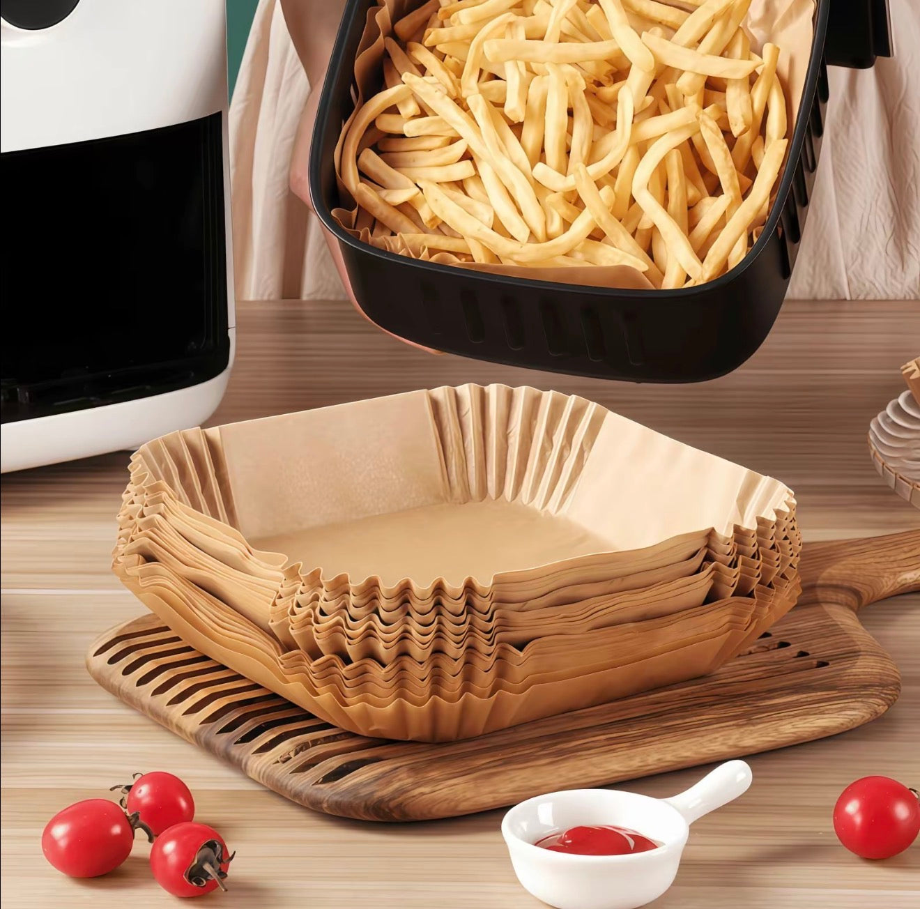 CleanBake Air Fryer Liners natural brown parchment liners, round with pleated edges, stacked on Tampa Home & Garden Store