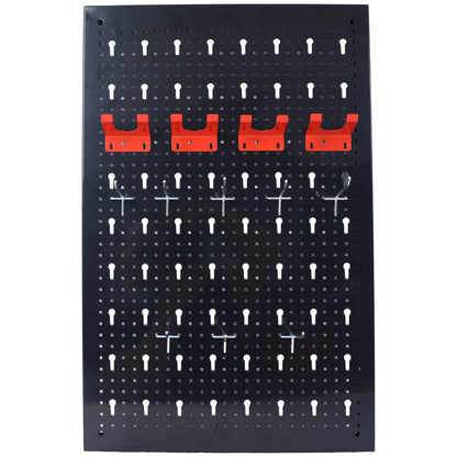 4-foot black metal pegboard tool rack with 3 red nail-board holders for storing nail boards on Tampa Home & Garden Store