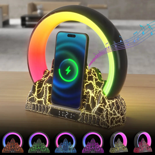 Sunrise Flame Mountain Lamp with Alarm Clock, bedside RGB ring glow on lava base by VIP Digital on Tampa Home & Garden Store