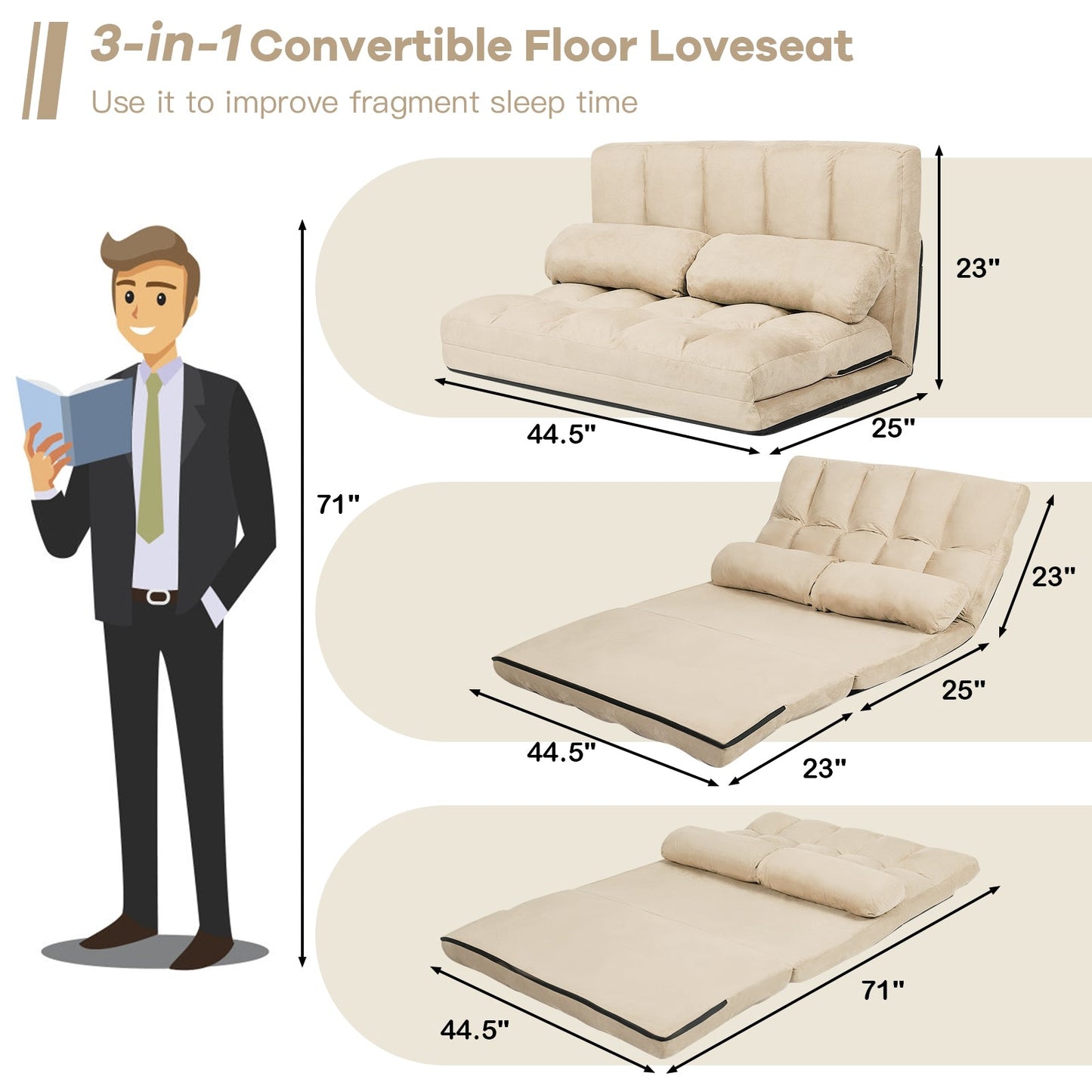 Sofá Cama Plegable de Suelo de 6 Posiciones con Funda de Tela Desmontable - Beige