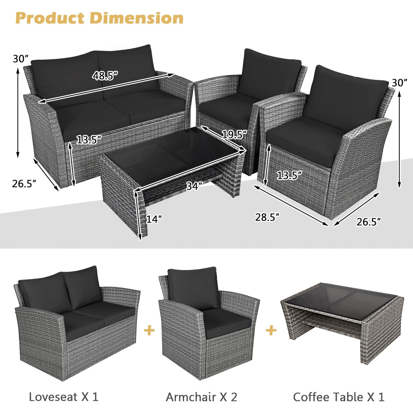 Juego de muebles de ratán para patio de 4 piezas con sofá, mesa con estante de almacenamiento y cojines - Negro