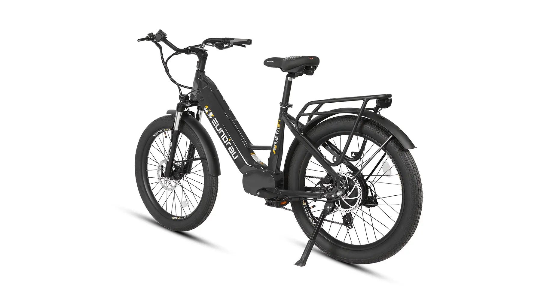META26 1.0 electric bicycle by EUNORAU E-BIKE US, black step-through e-bike with fat tires, front suspension and rear rack on Tampa Home & Garden Store
