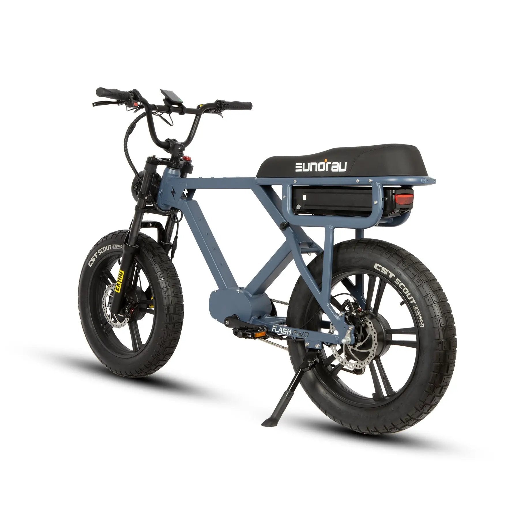 FLASH AWD 1.0 electric bike with blue frame, CST Scout tires, and EUNORAU branding on saddle on Tampa Home & Garden Store