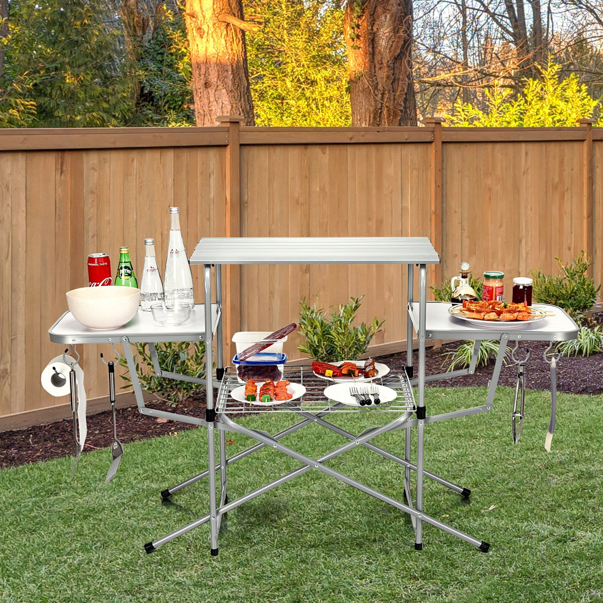 Foldable Outdoor BBQ Table Grilling Stand GemGear silver metal camp furniture on Tampa Home & Garden Store