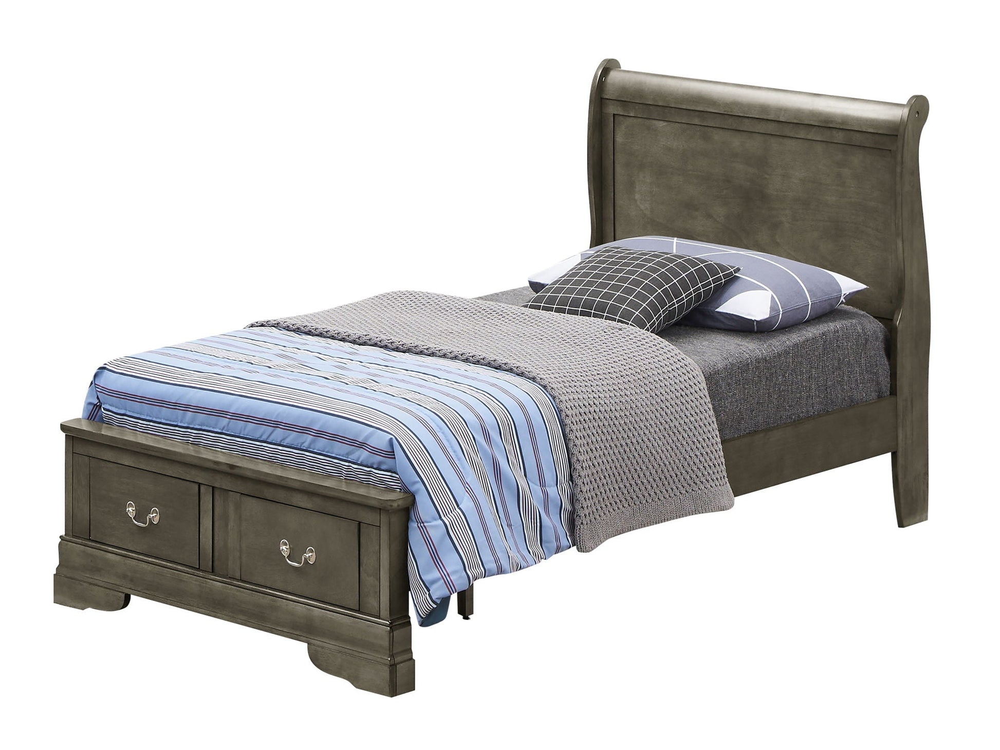 Upholstered panel sleigh bed in gray fabric with built-in storage drawers HouseOfZazla on Tampa Home & Garden Store