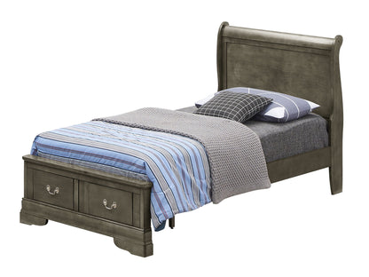 Upholstered panel sleigh bed in gray fabric with built-in storage drawers HouseOfZazla on Tampa Home & Garden Store