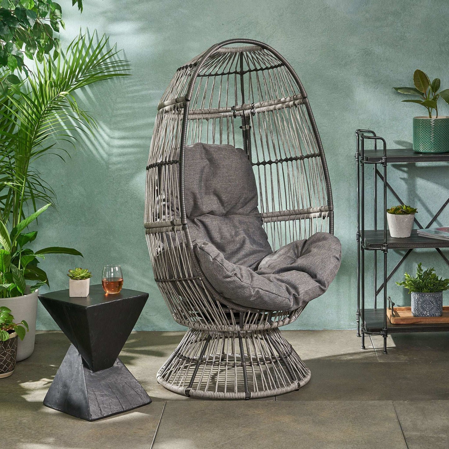 Patio Swivel Basket Egg Chair with Cushion in gray woven rattan on Tampa Home & Garden Store