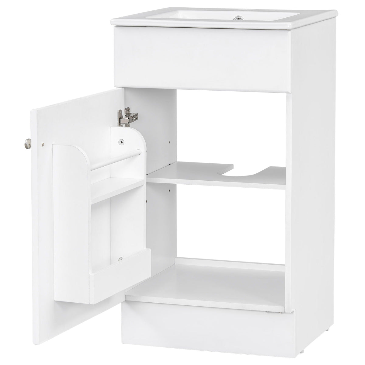 Bathroom vanity with sink white finish, open cabinet shows adjustable shelf, HouseOfZazla on Tampa Home & Garden Store