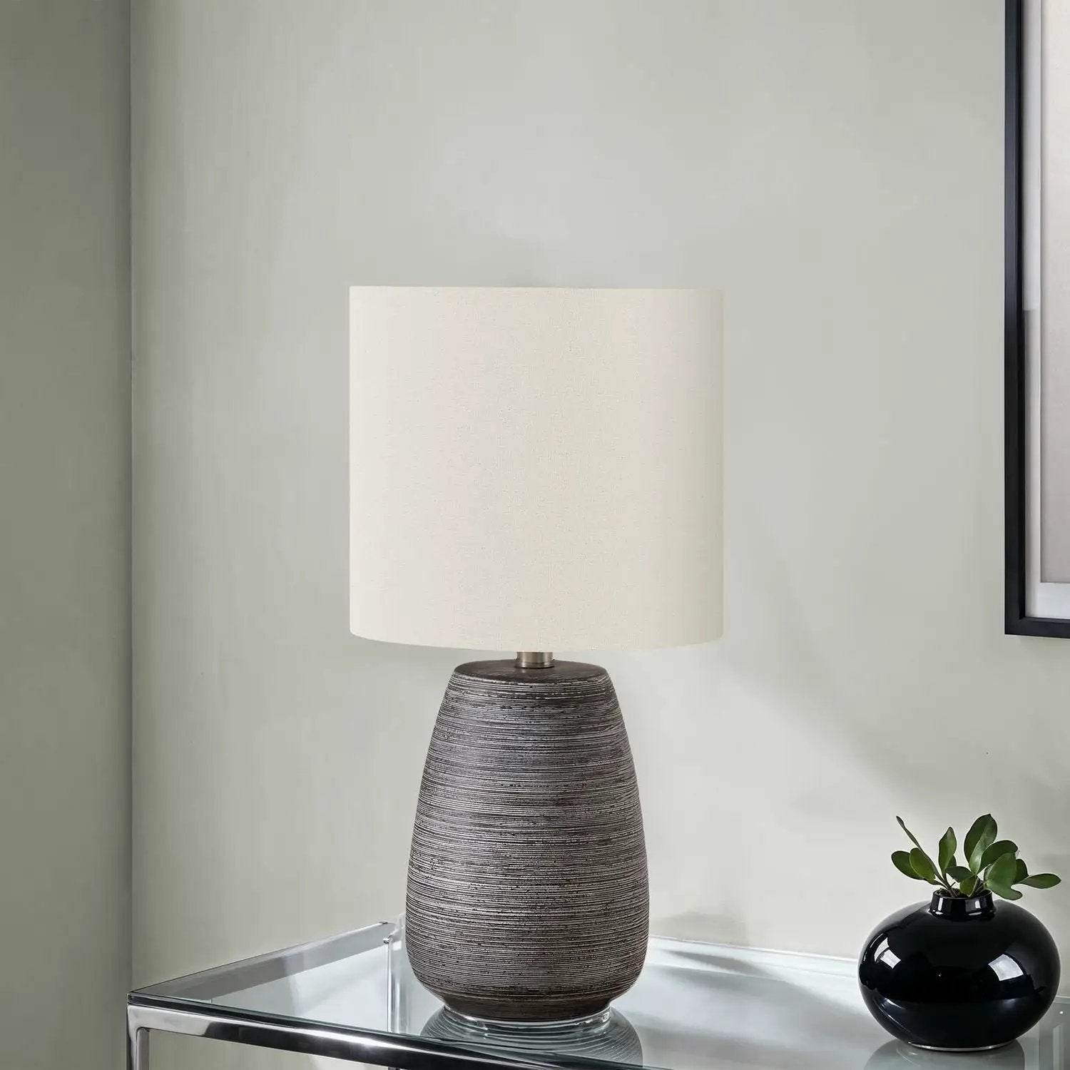 Table lamp gray ceramic base with cream shade; contemporary design by Unique Piece Furniture on Tampa Home & Garden Store