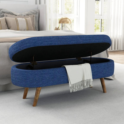 Ottoman oval storage bench in blue fabric with lift-top storage and rubber wood legs on Tampa Home & Garden Store