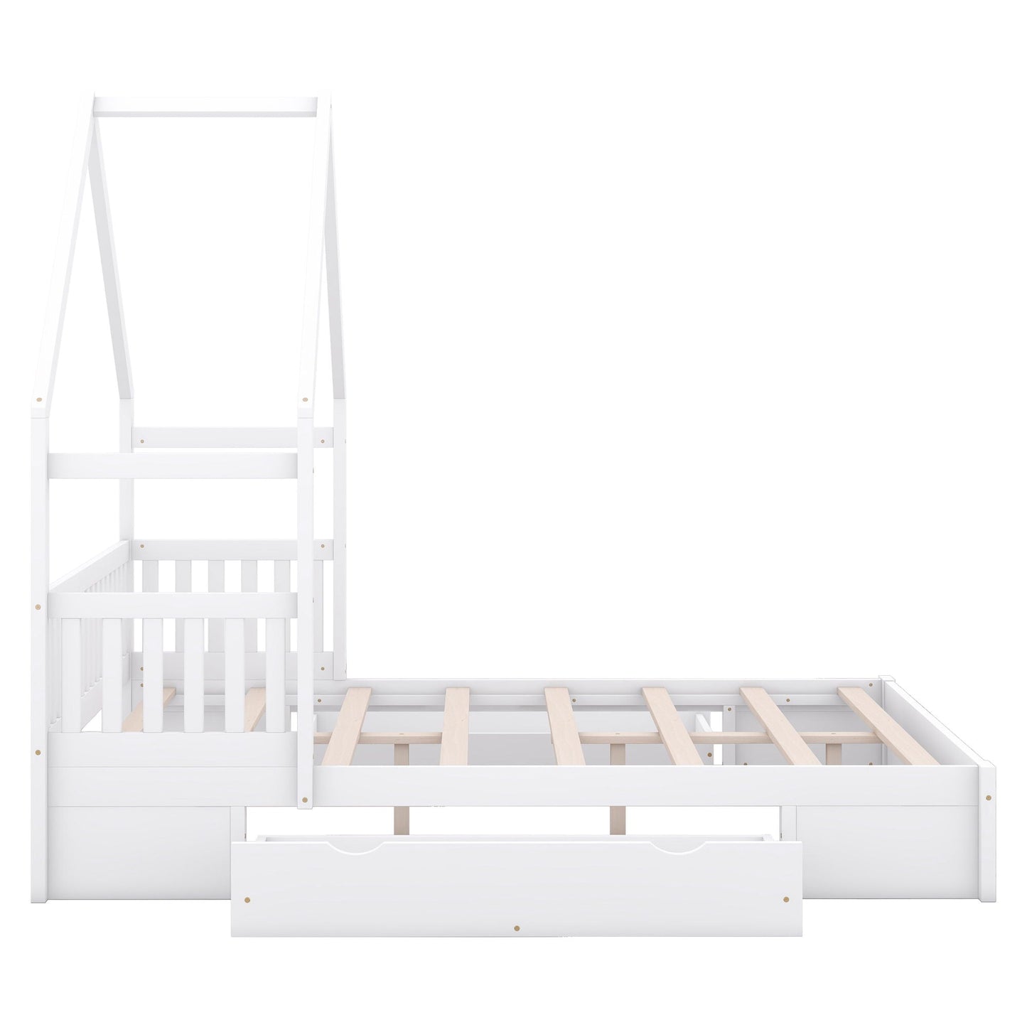 House Style Platform Bed with Guardrail and 2 Drawers, white finish with natural wood slat base on Tampa Home & Garden Store