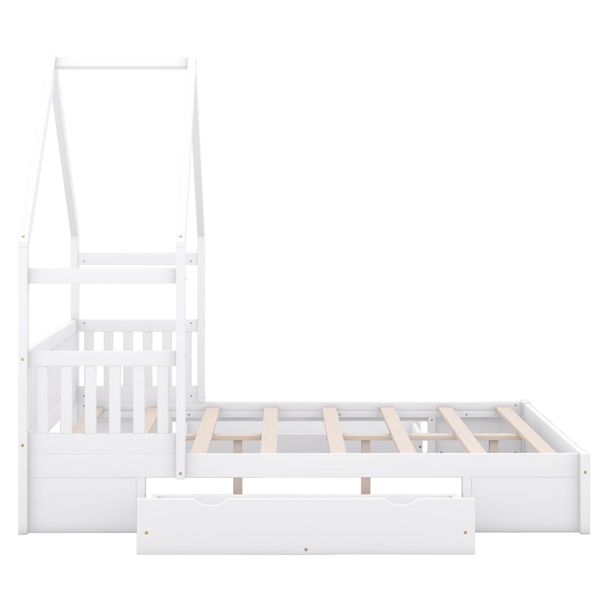 House Style Platform Bed with Guardrail and 2 Drawers, white finish with natural wood slat base on Tampa Home & Garden Store