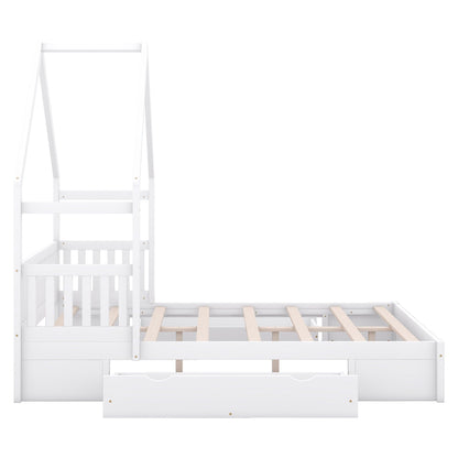 House Style Platform Bed with Guardrail and 2 Drawers, white finish with natural wood slat base on Tampa Home & Garden Store