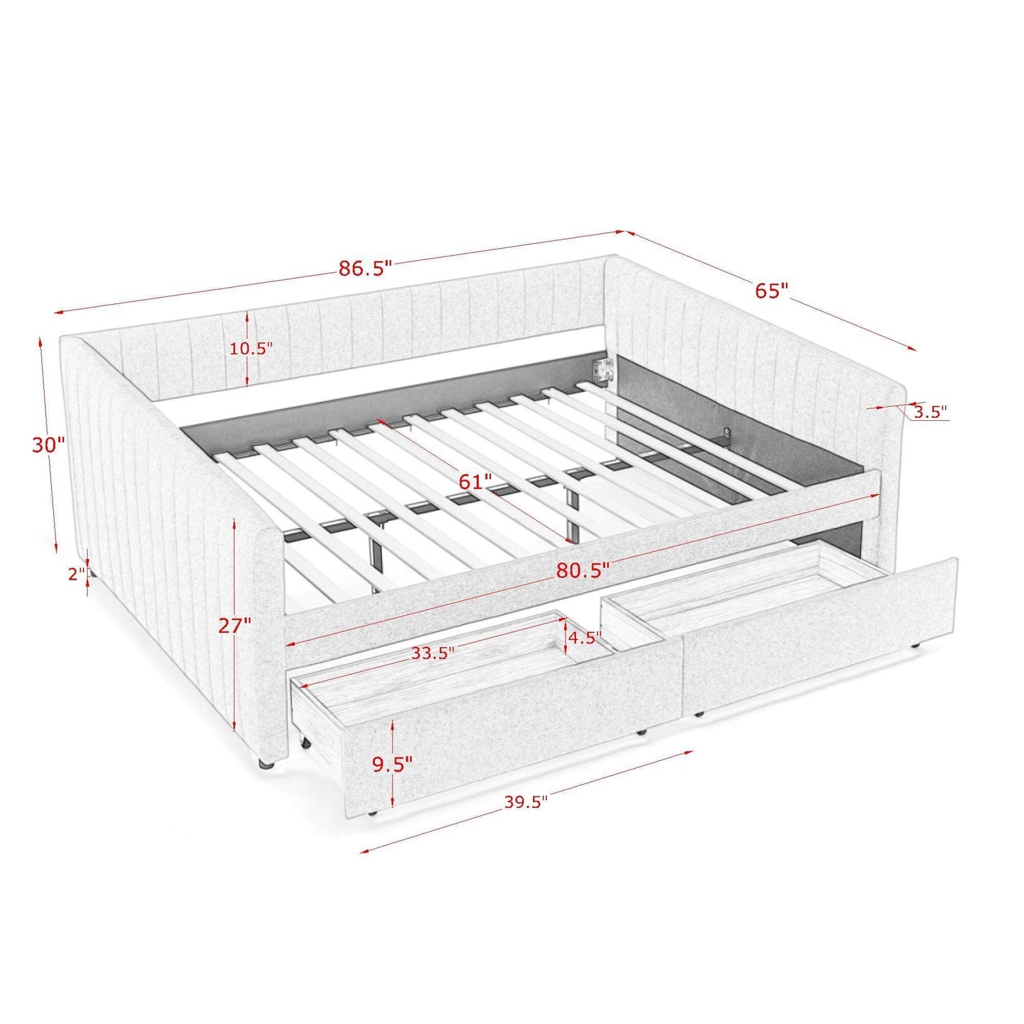 Upholstered Queen Daybed and Storage Drawers