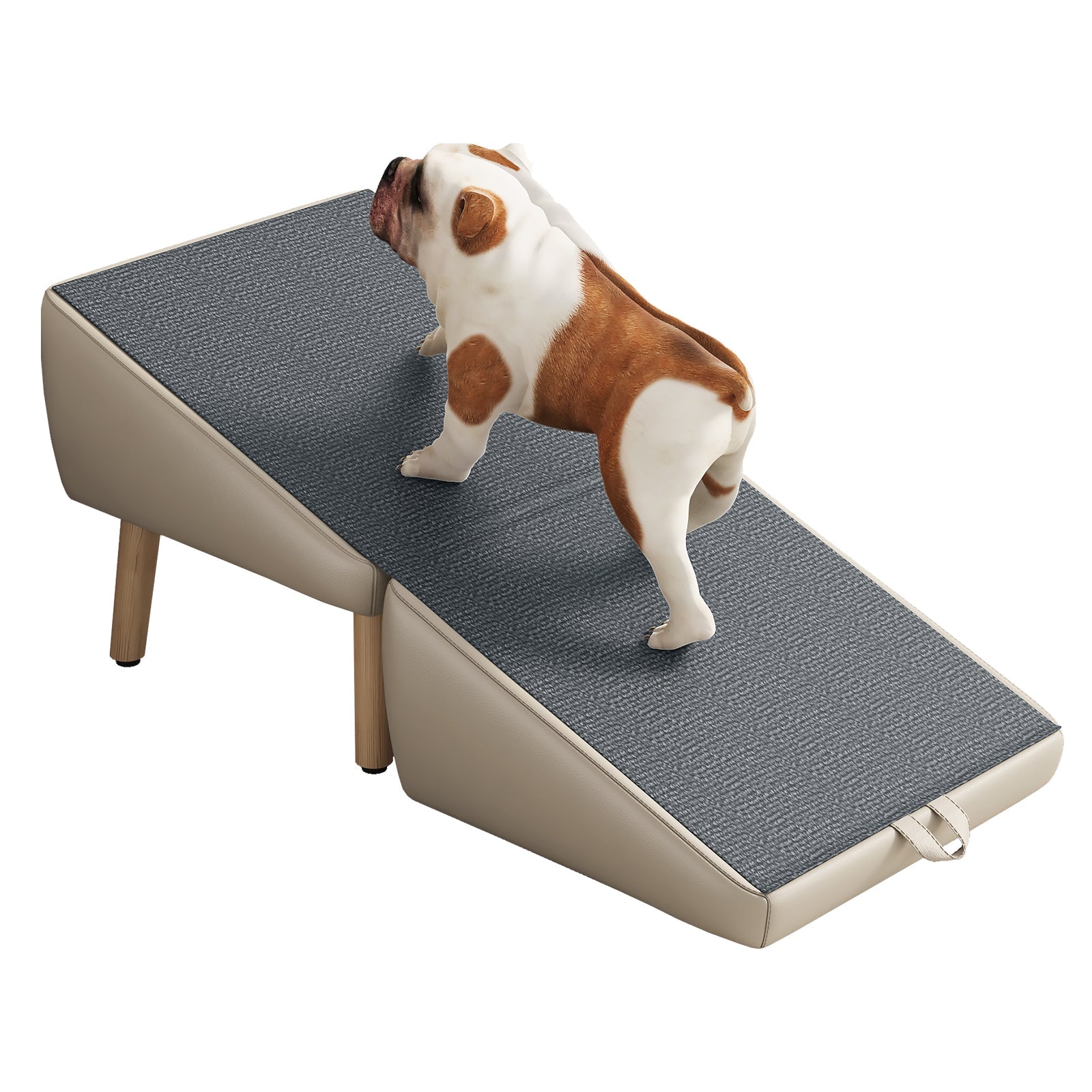 2-in-1 foldable wooden dog stairs with gray fabric top HouseOfZazla bulldog on steps on Tampa Home & Garden Store