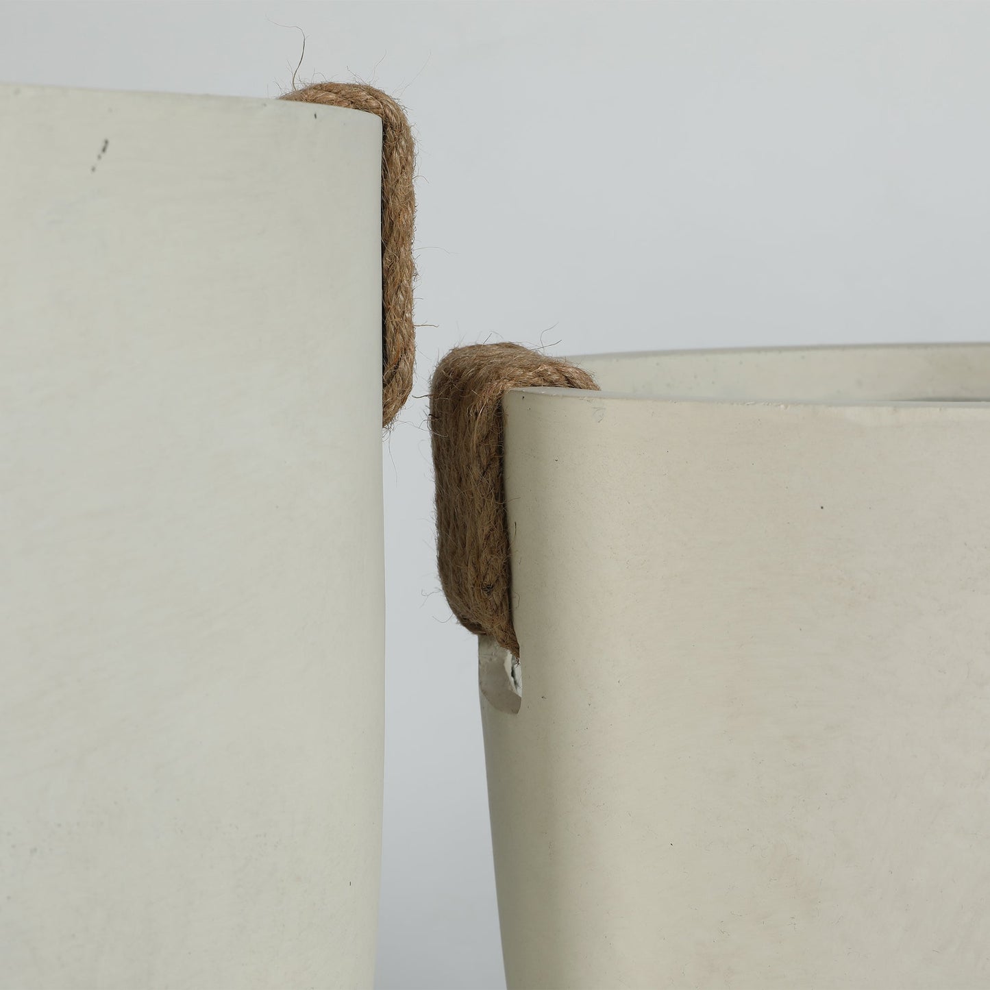 Round concrete planters set of 2, large handmade off-white pots with natural jute rope accents on Tampa Home & Garden Store