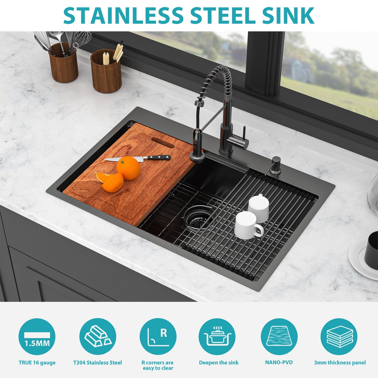 Drop-in kitchen sink with pull-out faucet and soap dispenser, gunmetal black, single bowl topmount by HouseOfZazla on Tampa Home & Garden Store