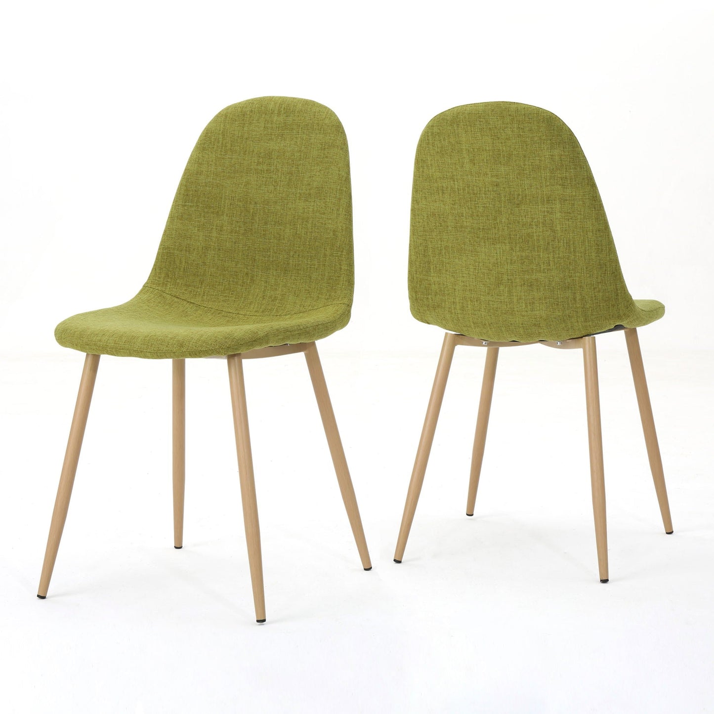 Modern minimalist fabric dining chairs, two green with light wood legs, HouseOfZazla on Tampa Home & Garden Store