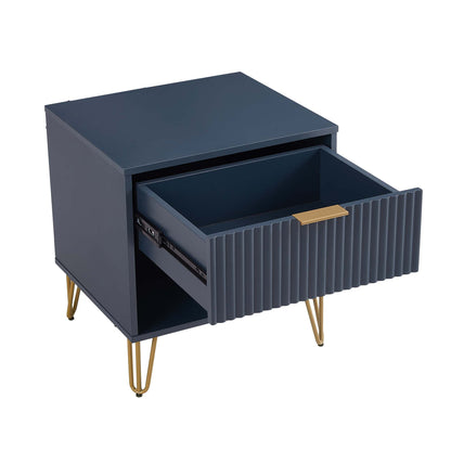 Modern Nightstand with Fluted Drawer and Metal Handles in navy blue with gold-tone legs on Tampa Home & Garden Store