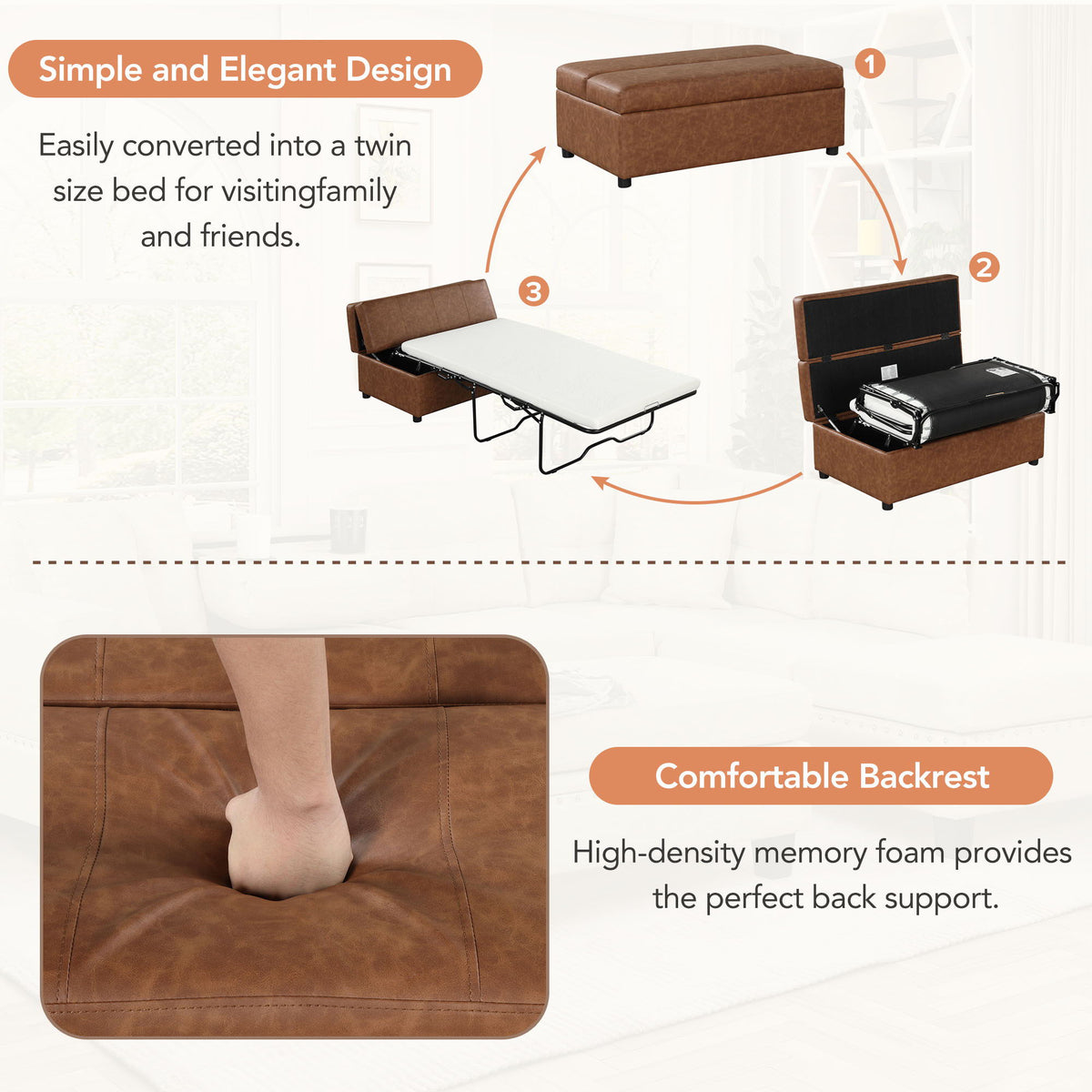 Twin size folding ottoman sleeper bed by HouseOfZazla in brown faux leather with mattress on Tampa Home & Garden Store