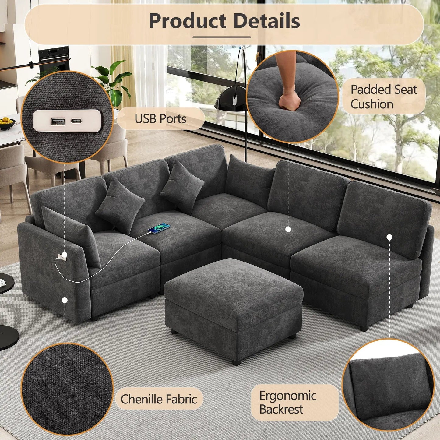 Sectional U-shaped sofa with ottoman and USB ports in chenille fabric Unique Piece Furniture on Tampa Home & Garden Store