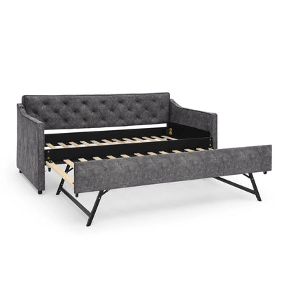 Daybed with pop-up trundle and USB charging armrest, charcoal gray tufted fabric on Tampa Home & Garden Store