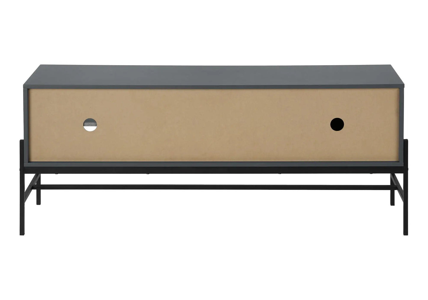 TV stand with gray top and kraft front, two cord holes on Tampa Home & Garden Store