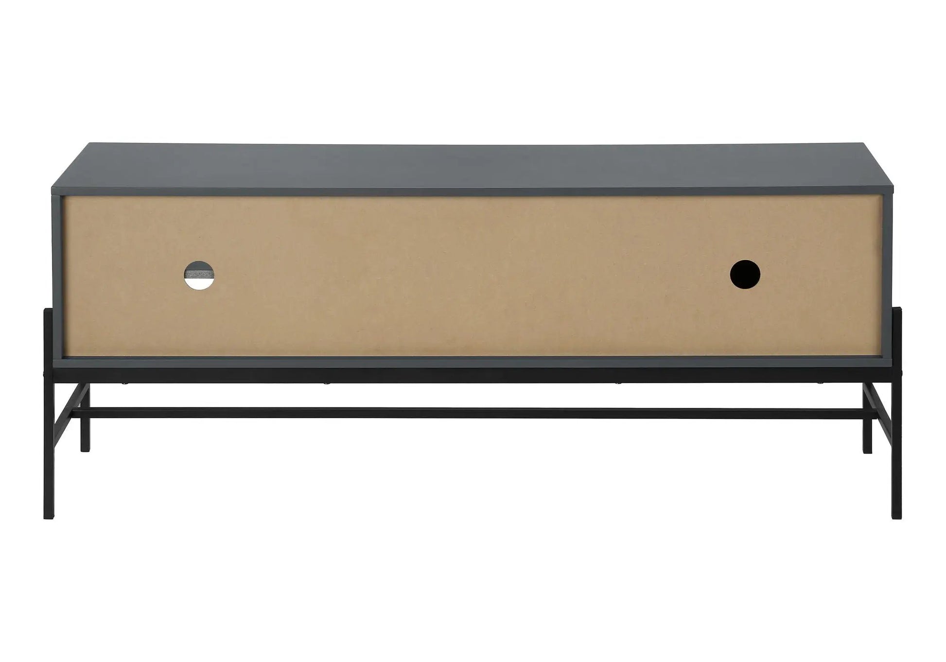 TV stand with gray top and kraft front, two cord holes on Tampa Home & Garden Store