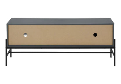 TV stand with gray top and kraft front, two cord holes on Tampa Home & Garden Store