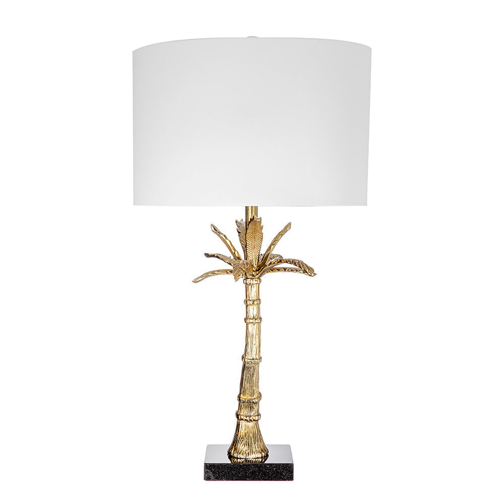 Palm leaf lamp with gold finish, white drum shade, black marble base by HouseOfZazla on Tampa Home & Garden Store